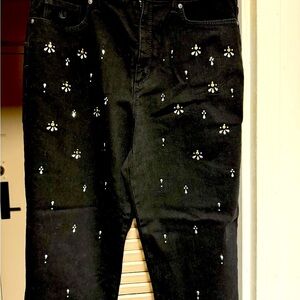 DEEP BLACK JEANS WITH RHINESTONE DECO STRETCH JEANS 16” W 30” L NWOT